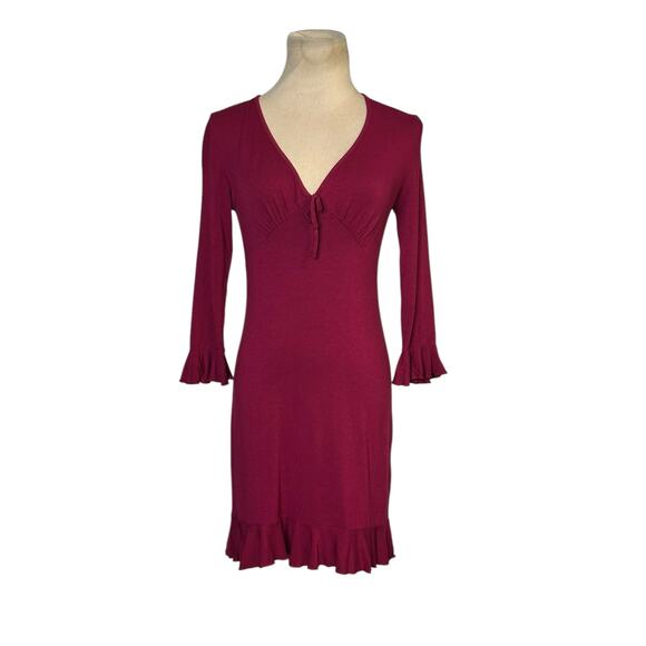 Urban Outfitters Grace Burgundy 3/4 Sleeves Ruffle Mini Dress size Small - Picture 16 of 16